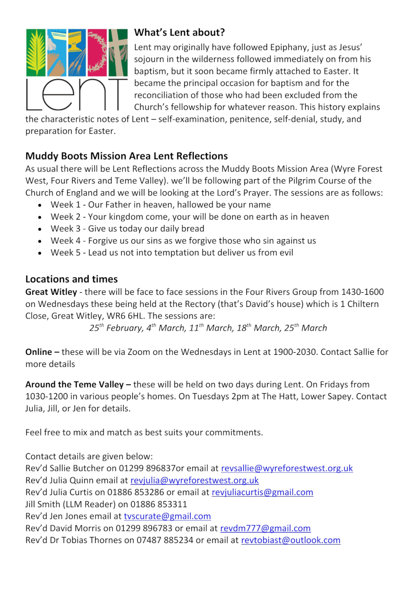 Details of the Lent Reflections activities in the Muddy Boots area 