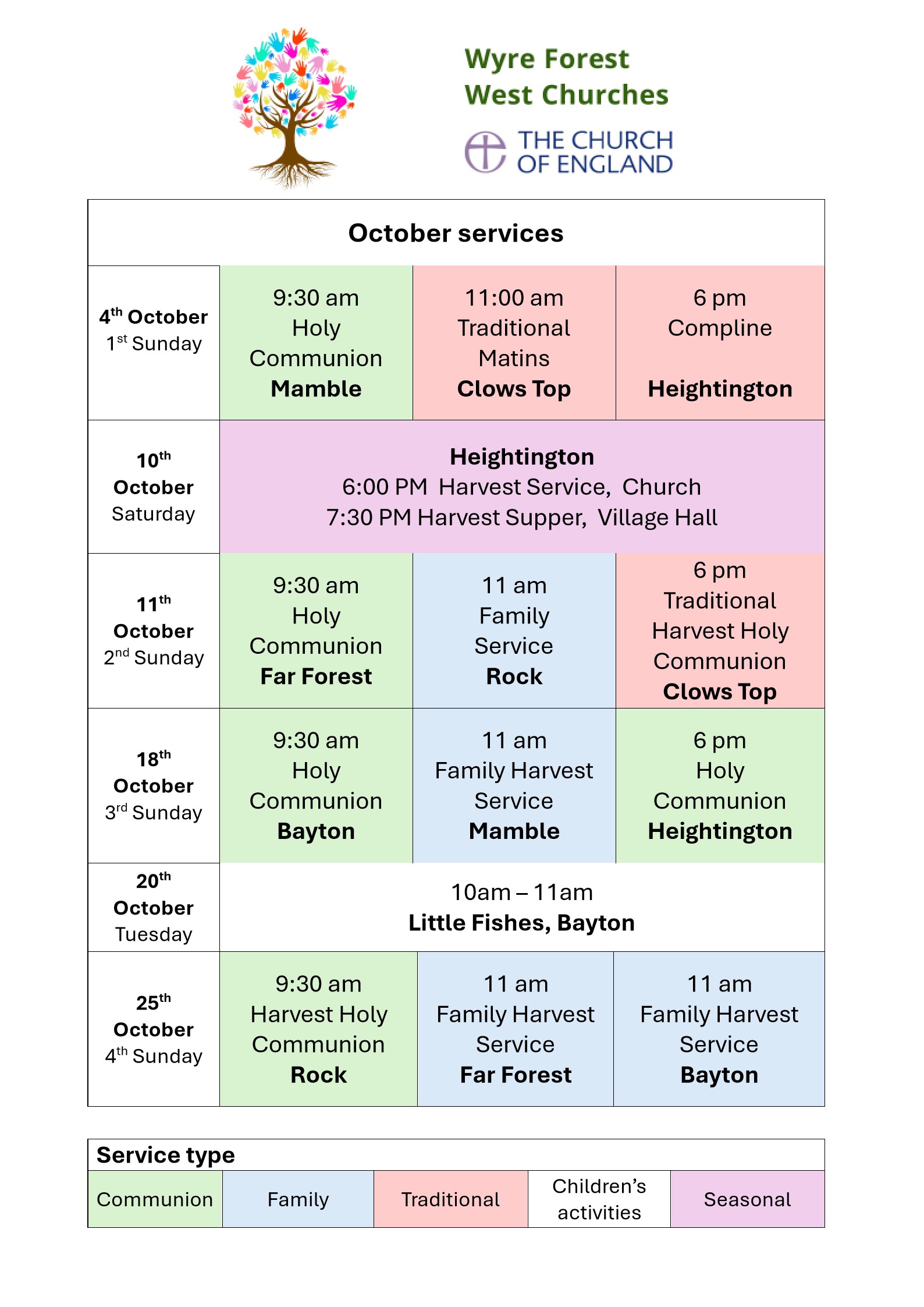 normal mix of 9:30 communions and other services inc Harvest